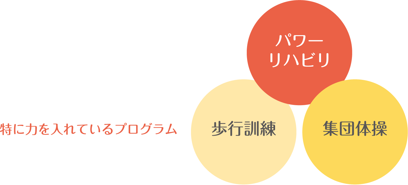 特に力を入れているプログラム パワー リハビリ 歩行訓練 集団体操