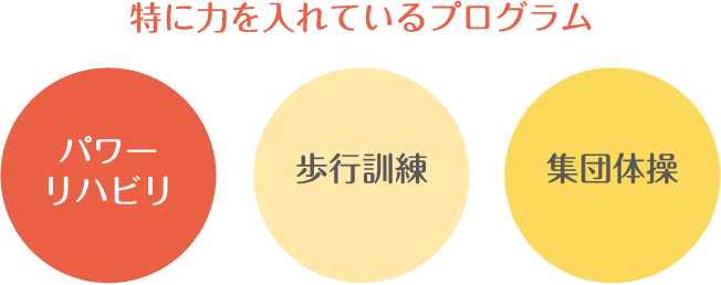 特に力を入れているプログラム パワーリハビリ 歩行訓練 集団体操